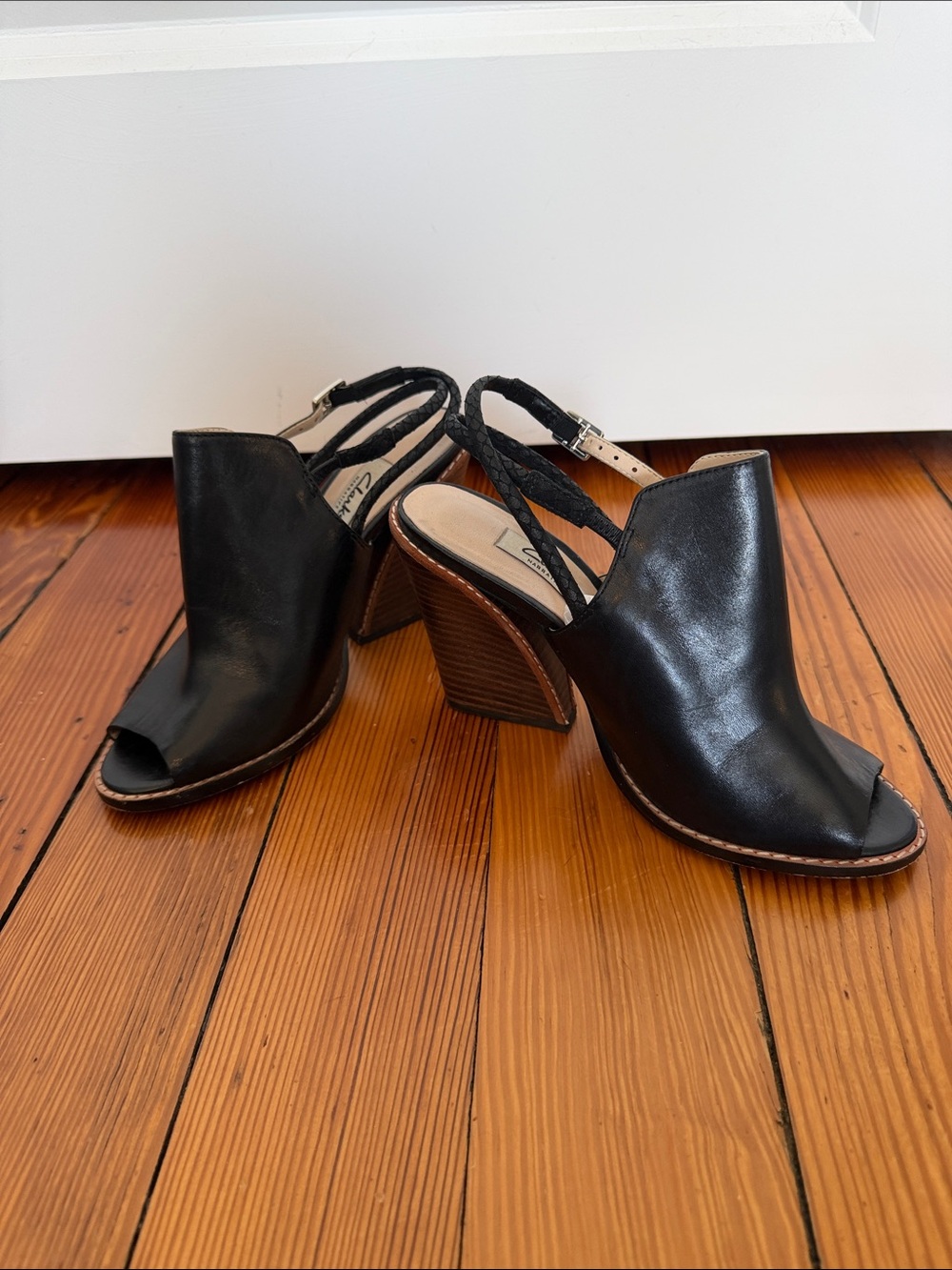Clarks Black Leather Peep-Toe Slingback Block Heels
